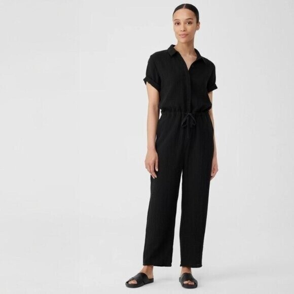 Eileen Fisher Collar Short Sleeve Organic Cotton Gauze Jumpsuit Size M Black - Picture 1 of 12